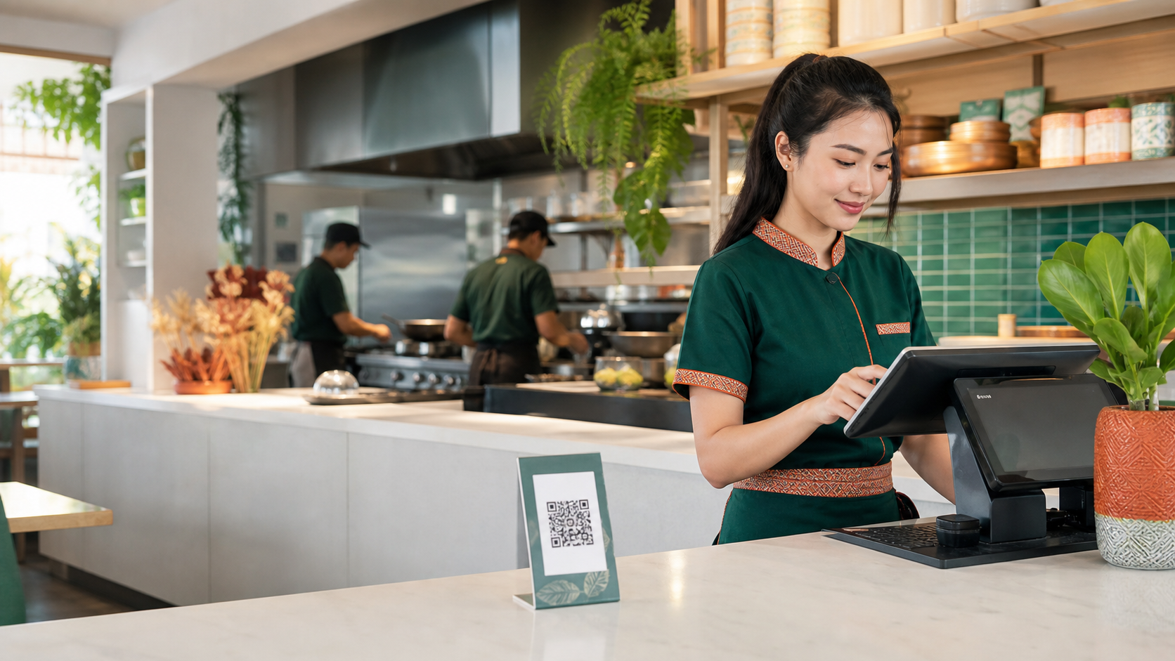 พนักงานร้านอาหารไทยใช้ POS ที่หน้าเคาน์เตอร์พร้อมป้าย QR บนโต๊ะ